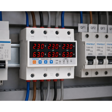 Modular voltage control relay | digital | 3 phase | 63A | 220V | DIN | overvoltage | undervoltage | current protection | TAXNELE 3