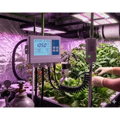 CO₂ kontrolieris ar automātisko vadību | 0–5000 ppm | precizitāte ±1 ppm | LCD displejs | skaņas/gaismas signalizācija | temperatūra + mitrums | siltumnīcām, HVAC, telpām 3