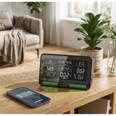 Цифровой | умный | многофункциональный | беспроводной измеритель CO2 | TVOC | HCHO | температуры | влажности | качества воздуха | датчик | 400–500 PPM | -10...+40°C | 20–80% RH | чёрный | Wi-Fi | Tuya 3