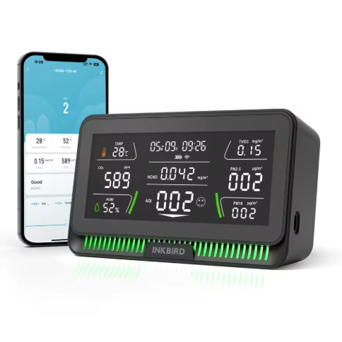 Цифровой | умный | многофункциональный | беспроводной измеритель CO2 | TVOC | HCHO | температуры | влажности | качества воздуха | датчик | 400–500 PPM | -10...+40°C | 20–80% RH | чёрный | Wi-Fi | Tuya 1