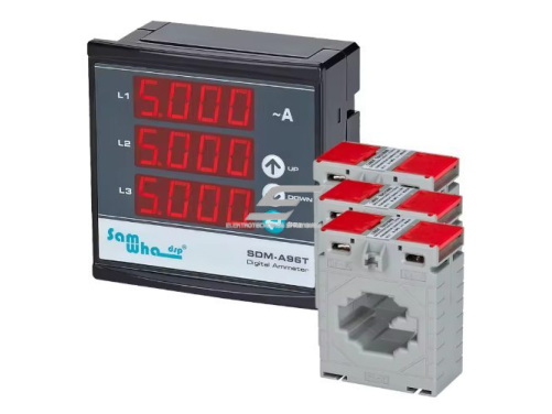 Trifazis skaitmeninis ampermetras | panelinis | 3 fazių srovės matuoklis 3-in-1 | ±1% | LED ekranas | 96x96 mm | 220V AC