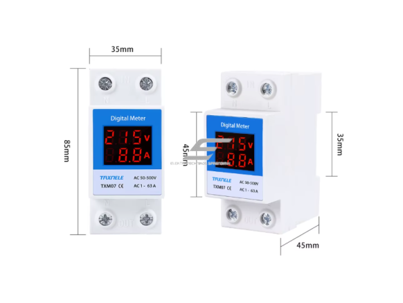 Modulinis | skaitmeninis elektros energijos voltmetras | ampermetras | 2P | 50-500VAC | 1-63A | DIN 3