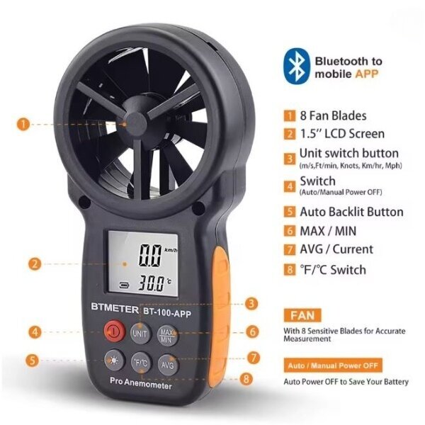 Digitaalne tuule kiiruse mõõtja | Anemomeeter | Õhuvoolu | Temperatuuri | Niiskuse andur | Sensor | 0-30m/s | Kaasaskantav | Bluetooth 1 Digitaalne tuule kiiruse mõõtja | Anemomeeter | Õhuvoolu | Temperatuuri | Niiskuse andur | Sensor | 0-30m/s | Kaasaskantav | Bluetooth 1