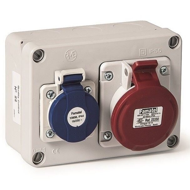Weatherproof socket box | 1×CEE 16 A 3P+PE 400 V + 1×Schuko 16 A 230 V | AcquaBOX | IP44 | IK08 | Famatel 3067