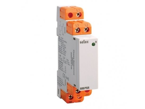 Modulinė fazių sekos rėlė | 3F | 154-500VAC | 1C/O | NO/5A | NC/3A@250VAC | DIN | Selec | 600PSR-CE