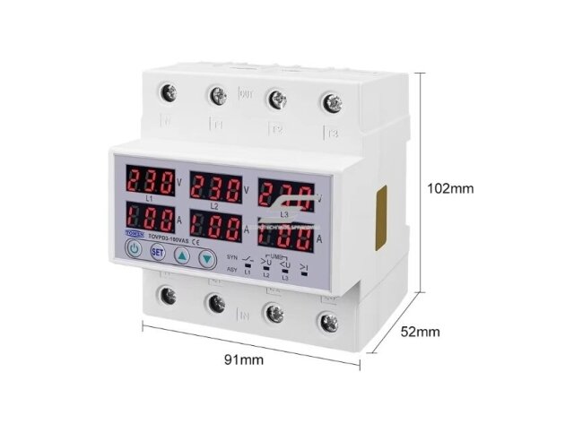 Modulinė | skaitmeninė įtampos kontrolės | apsaugos | fazių sekos disbalanso relė | 3F | 1-63A | 230-300V | DIN | Tomzn 4 Modulinė | skaitmeninė įtampos kontrolės | apsaugos | fazių sekos disbalanso relė | 3F | 1-63A | 230-300V | DIN | Tomzn 4