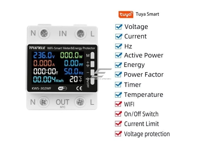 Modulinis | išmanus | skaitmeninis | multifunkcinis elektros energijos | įtampos | srovės skaitiklis | 0-63A | 0-17kW | 230V | DIN | Wi-Fi | TUYA 1