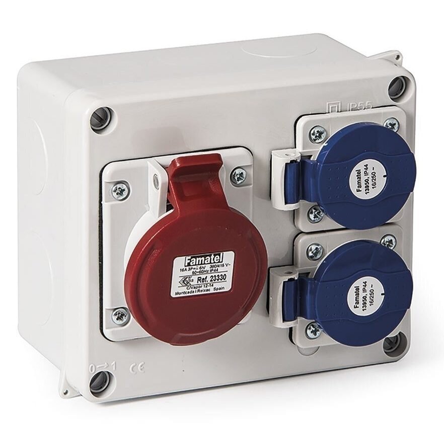 Weatherproof socket box | 1×CEE 16 A 3P+PE 400 V + 2×Schuko 16 A 230 V | AcquaBOX | IP44 | IK08 | Famatel 3069 Weatherproof socket box | 1×CEE 16 A 3P+PE 400 V + 2×Schuko 16 A 230 V | AcquaBOX | IP44 | IK08 | Famatel 3069