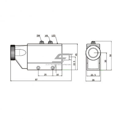 Krāsu marķējuma atpazīšanas sensors | 10mm | 97x45x26mm | 12-24VDC | NO+NC | PNP | 2 m kabelis | PBT | sarkanas/zaļas gaismas stari | IP65 1