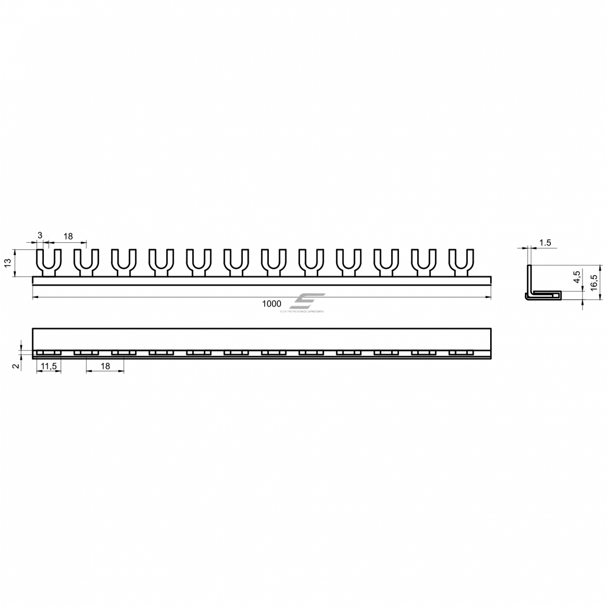 Busbar for circuit breakers | U-shaped | 1P | 10mm² | 54 modules | Fork type | Promfactor Baltic FRF100154 1