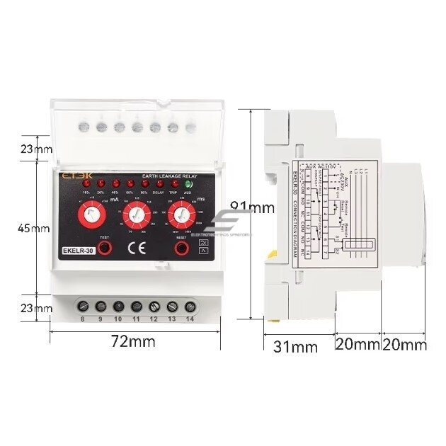 Modulis | Regulējams strāvas noplūdes relejs 30mA-30A | 6A | 110/230VAC | DIN | 1NO+1NC 3