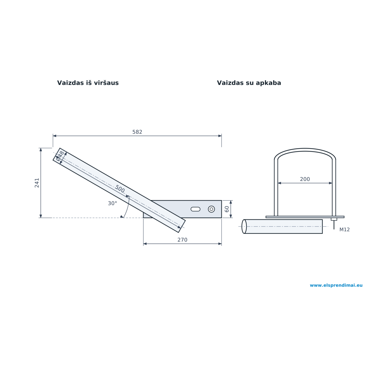 Gaismekļa kronšteins | taisns Ø48 | garums 500 mm | 30° leņķis | plāksne 270×60 mm | ar M12 skavu | Esm-GL-1-0,5-30-50 Gaismekļa kronšteins | taisns Ø48 | garums 500 mm | 30° leņķis | plāksne 270×60 mm | ar M12 skavu | Esm-GL-1-0,5-30-50