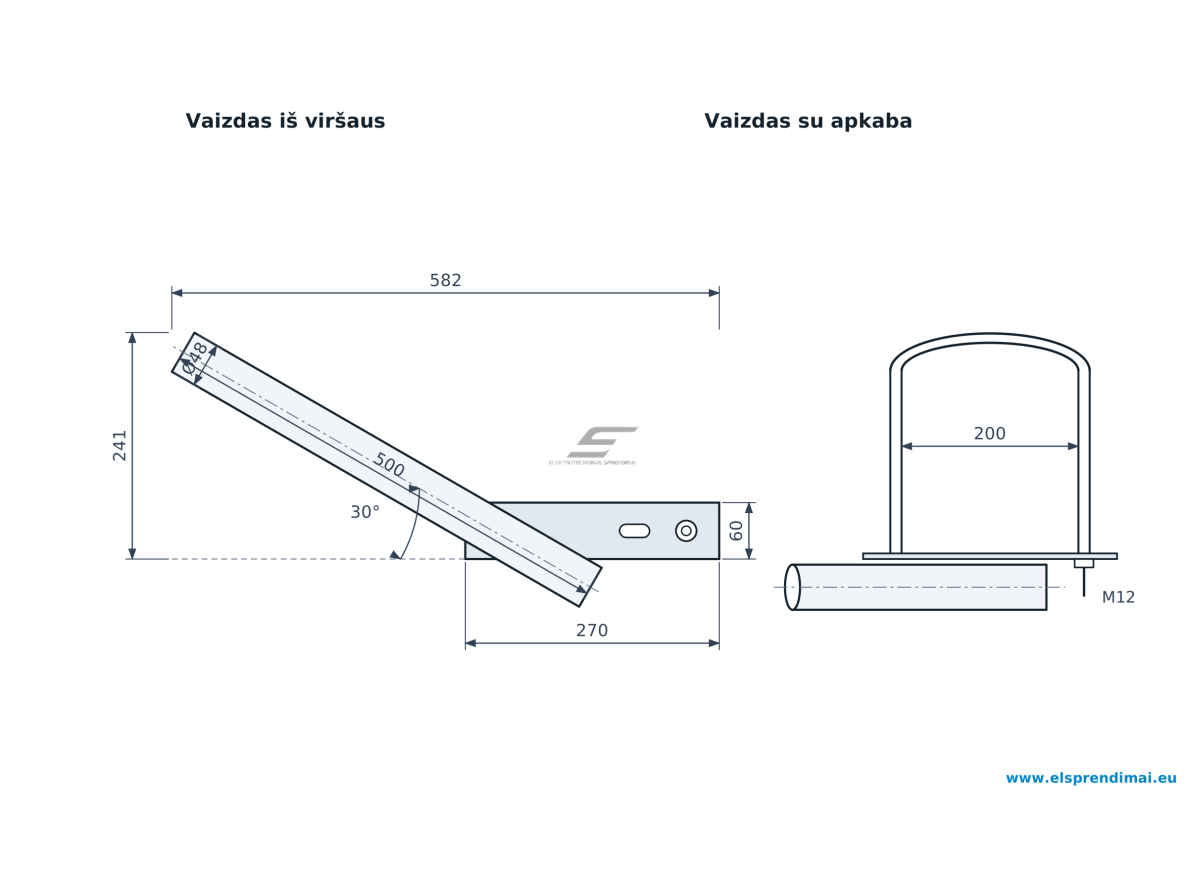 Šviestuvo laikiklis | tiesus Ø48 | ilgis 500 mm | 30° kampas | plokštelė 270×60 mm | su apkaba M12 | Esm-GL-1-0,5-30-50