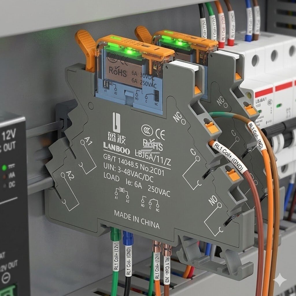 Starprelejs elektromagnētiskais | ar LED | 24V DC | SPDT 1NO+1NC | 6A | DIN montāža | ultra plāns | hermētisks | LANBOO 2 Starprelejs elektromagnētiskais | ar LED | 24V DC | SPDT 1NO+1NC | 6A | DIN montāža | ultra plāns | hermētisks | LANBOO 2