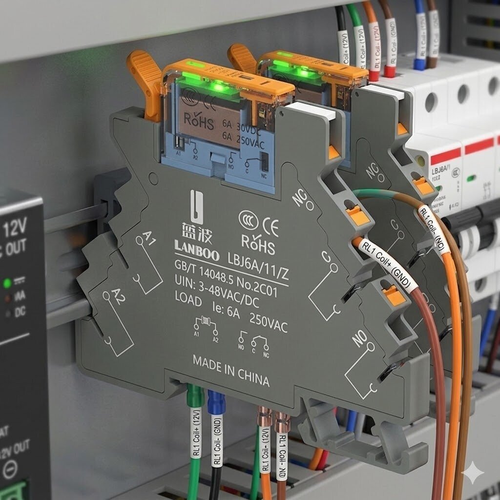 Przekaźnik pośredni elektromagnetyczny | z LED | 12V DC | SPDT 1NO+1NC | 6A | montaż DIN | ultra cienki | hermetyczny | LANBOO 2 Przekaźnik pośredni elektromagnetyczny | z LED | 12V DC | SPDT 1NO+1NC | 6A | montaż DIN | ultra cienki | hermetyczny | LANBOO 2