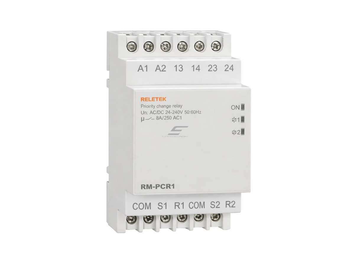 Prioritetinė variklių valdymo relė | 2 varikliams | AC/DC 24–240V | 8A | DIN | automatinis uždelsimas | RELETEK Prioritetinė variklių valdymo relė | 2 varikliams | AC/DC 24–240V | 8A | DIN | automatinis uždelsimas | RELETEK