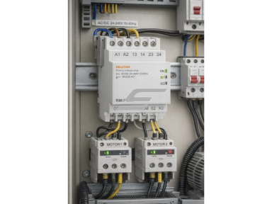 Prioritetinė variklių valdymo relė | 2 varikliams | AC/DC 24–240V | 8A | DIN | automatinis uždelsimas | RELETEK