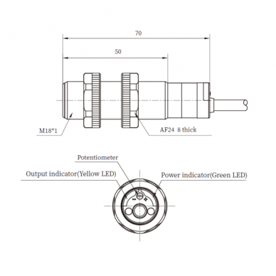 Kapacitīvais tuvuma sensors | 8mm | M18 | 10-30VDC | NO | NPN | iebūvējams | 2m kabelis | PBT | IP68 1 Kapacitīvais tuvuma sensors | 8mm | M18 | 10-30VDC | NO | NPN | iebūvējams | 2m kabelis | PBT | IP68 1
