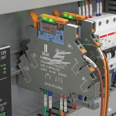 Starprelejs elektromagnētiskais | ar LED | 24V DC | SPDT 1NO+1NC | 6A | DIN montāža | ultra plāns | hermētisks | LANBOO 2