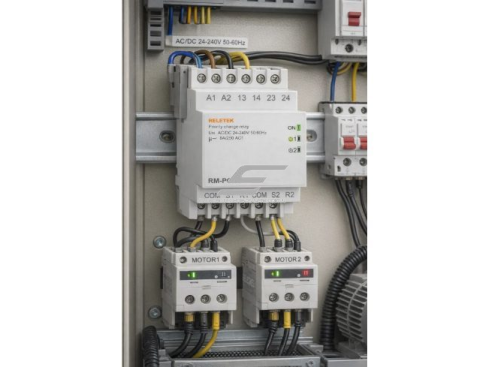 Prioritetinė variklių valdymo relė | 2 varikliams | AC/DC 24–240V | 8A | DIN | automatinis uždelsimas | RELETEK 1 Prioritetinė variklių valdymo relė | 2 varikliams | AC/DC 24–240V | 8A | DIN | automatinis uždelsimas | RELETEK 1