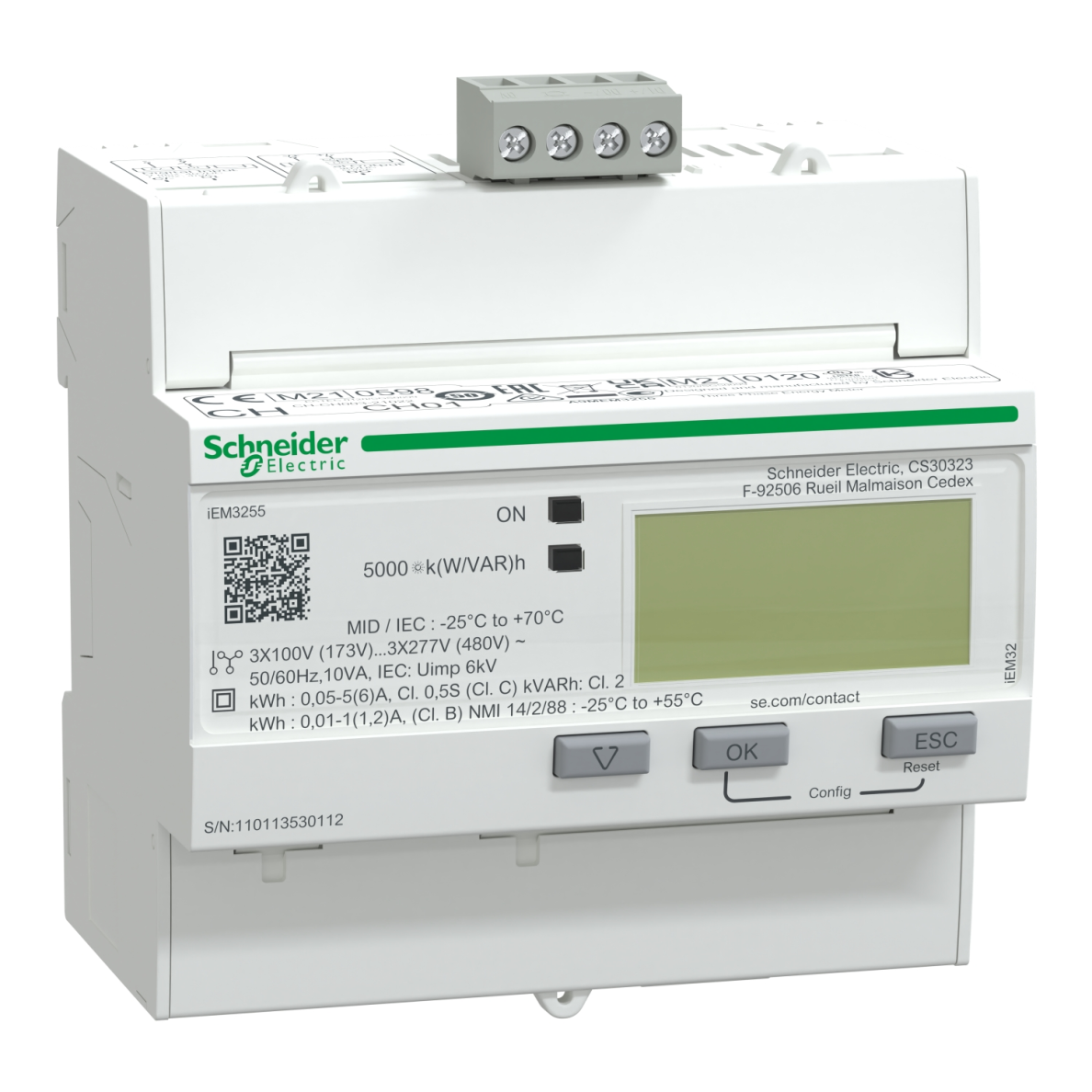 3-phase energy meter via CT | x/1 A and x/5 A | 3×230/400 V | MID | 4 tariffs | 1 DI / 1 DO | Modbus RS-485 | DIN | Schneider Electric Acti9 iEM3255 | A9MEM3255 3-phase energy meter via CT | x/1 A and x/5 A | 3×230/400 V | MID | 4 tariffs | 1 DI / 1 DO | Modbus RS-485 | DIN | Schneider Electric Acti9 iEM3255 | A9MEM3255