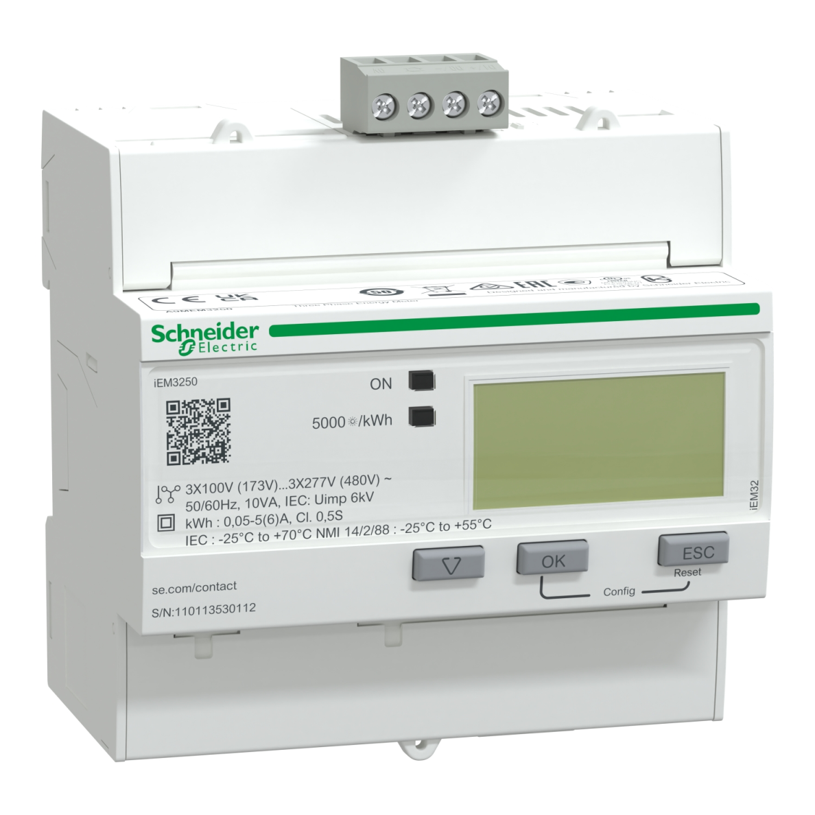Kolmefaasiline voolutrafodega elektriarvesti | x/1 A ja x/5 A | 3×230/400 V | Modbus RS-485 | DIN | Schneider Electric Acti9 iEM3250 | A9MEM3250