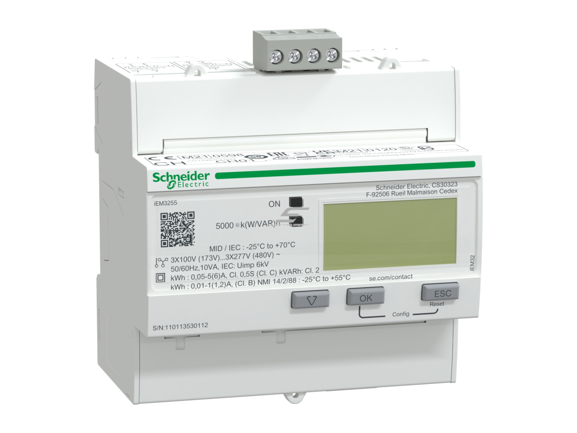 Trifazis elektros energijos skaitiklis per CT | x/1 A ir x/5 A | 3×230/400 V | MID | 4 tarifai | 1 DI / 1 DO | Modbus RS-485 | DIN | Schneider Electric Acti9 iEM3255 | A9MEM3255 Trifazis elektros energijos skaitiklis per CT | x/1 A ir x/5 A | 3×230/400 V | MID | 4 tarifai | 1 DI / 1 DO | Modbus RS-485 | DIN | Schneider Electric Acti9 iEM3255 | A9MEM3255