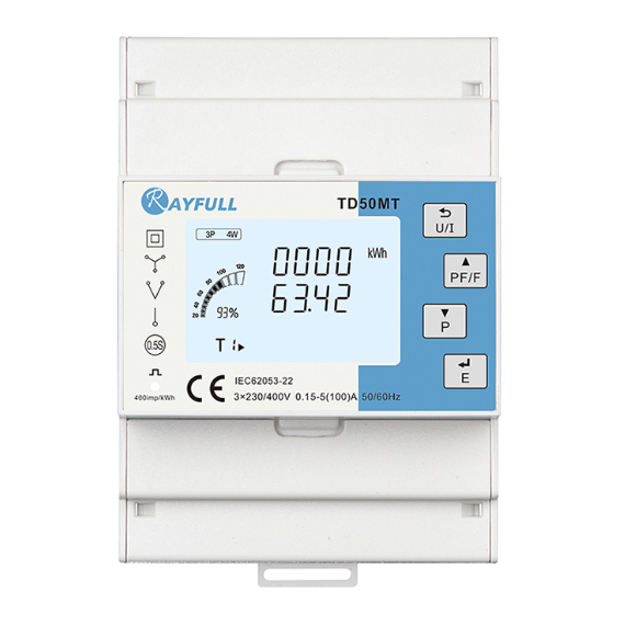 Three-phase energy meter | 100 A | 3×230/400 V | 4 tariffs | class 0.5 | LED display | RS485 Modbus | DIN | Rayfull TD50MT