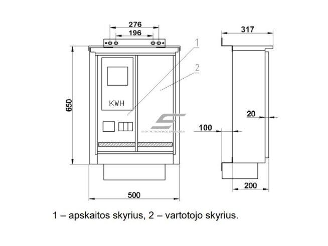 Trifazis | įvadinis elektros energijos skydas | skaitikliams | 650x500x200mm | virštinkinis | cinkuotas plienas | IP44 | ĮAS-7-202-V 1