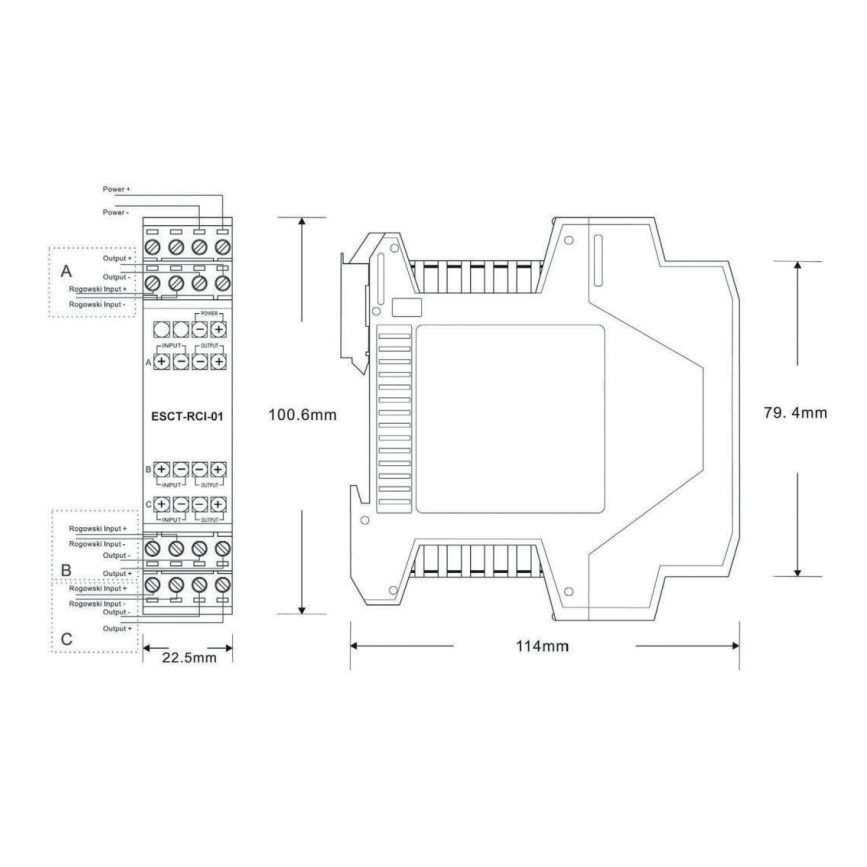 Three-phase Rogowski coil integrator for DIN rail | 1000 A | 1 A output | 4–20 mA | For AC current measurement | DA01  1