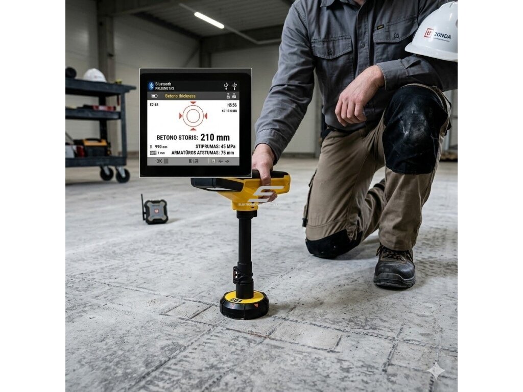 Betono storio matuoklis | grindų ir perdangų analizatorius | iki 15 m | belaidis zondas | Bluetooth + USB | spalvinis ekranas 4