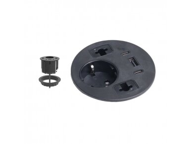 Kištukinių lizdų blokas | montuojamas į baldus | apvalus | 1xSchuko | 1xUSB-A | 2xUSB-C | 2xAngos laidams | Ø80 mm | juodas | Bachmann SA.PO.DOT2 Kištukinių lizdų blokas | montuojamas į baldus | apvalus | 1xSchuko | 1xUSB-A | 2xUSB-C | 2xAngos laidams | Ø80 mm | juodas | Bachmann SA.PO.DOT2
