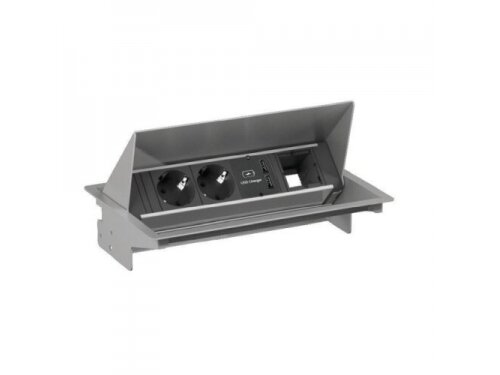 Kištukinių lizdų blokas | montuojamas į baldus | užsidarantis | 2xSchuko | 1xPasirenkama jungtis | 2xUSB-A | 155×245,5mm | 0,2m kabelis | GST13 | pilkas | Bachmann CONEO BA.900.406