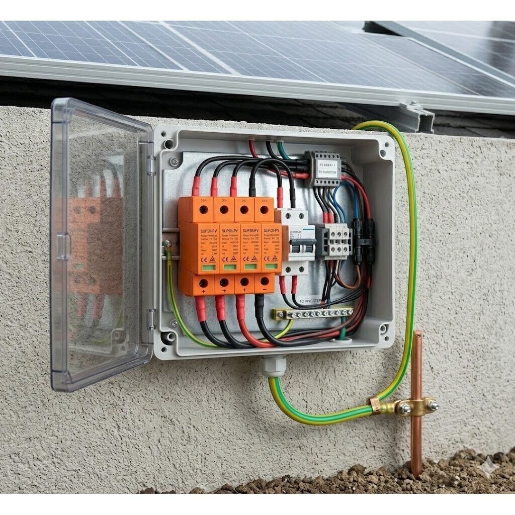 Pārsprieguma aizsardzības ierīce (SPD) ar slēdzi | 4P | 400V AC | 20kA | T1+T2 klase | DIN montāža | saules sistēmām un elektriskajiem sadales skapjiem 1