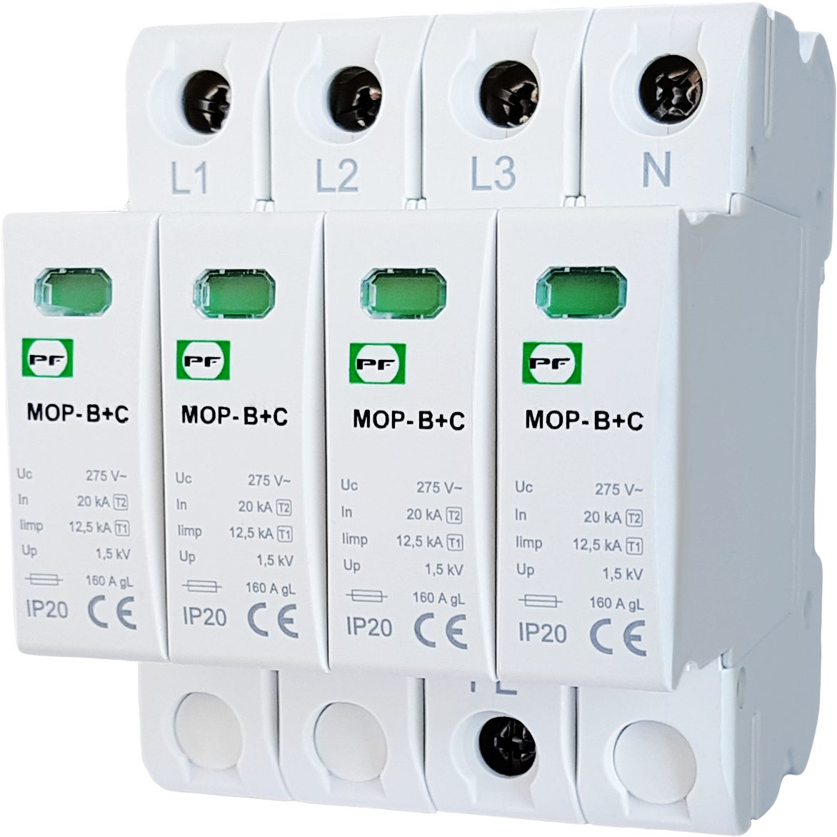 Ogranicznik przepięć T1+T2 (B+C) | 4P | In 20 kA | Imax 40 kA | Uc 275 V | Up < 1,5 kV | Promfactor Baltic MOP4-BC275/20