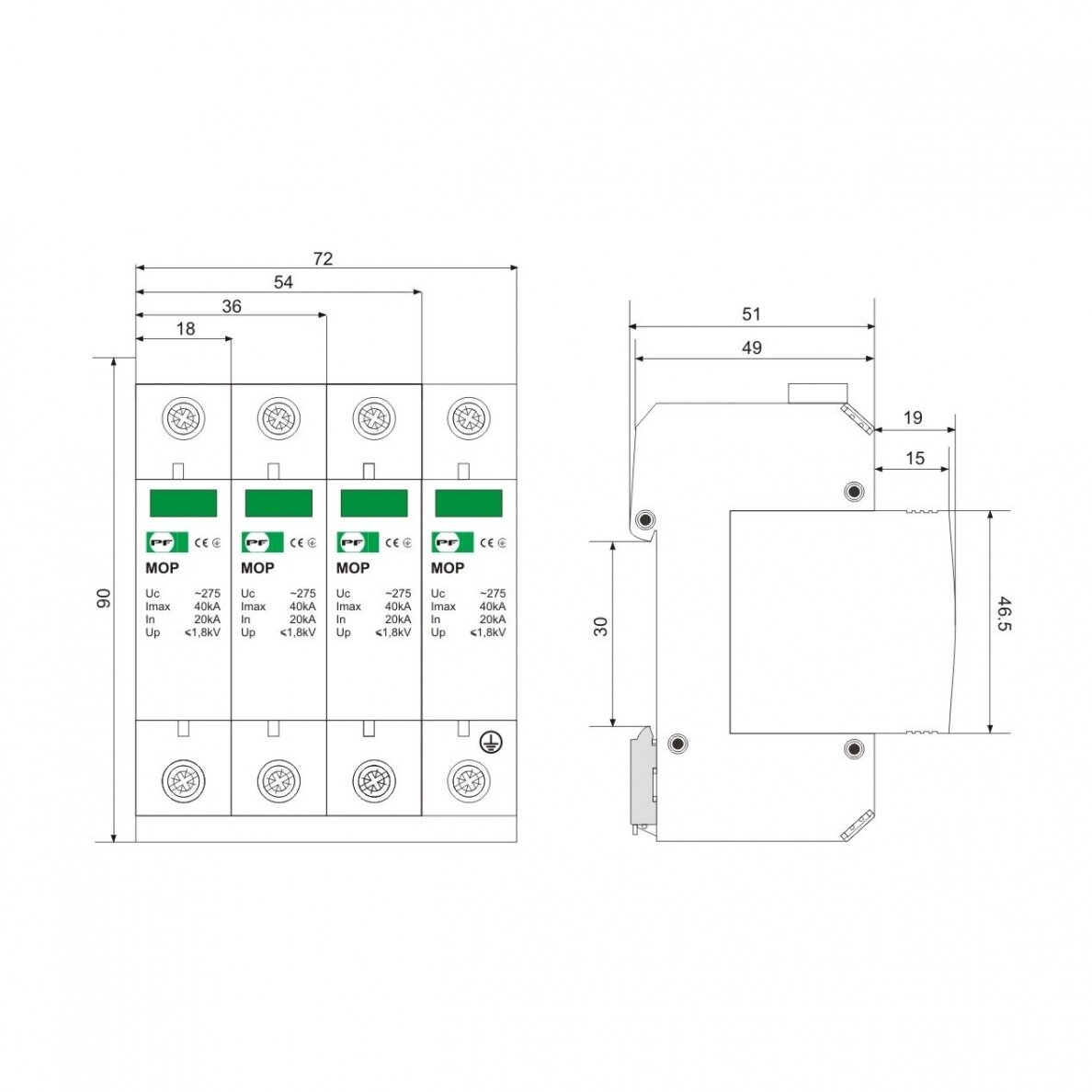 Modułowy ogranicznik przepięć 4P | 20kA | 275V | II/T2/C | DIN | Promfactor Baltic MOP4-C275/20 1