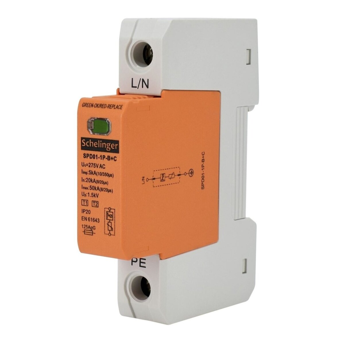 Ogranicznik przepięć T1+T2 (B+C) | 1P | Iimp 5 kA (10/350) | Imax 50 kA | Up ≤ 1,5 kV | IP20 | SCHELINGER A51-SPD01-1P-B+C Ogranicznik przepięć T1+T2 (B+C) | 1P | Iimp 5 kA (10/350) | Imax 50 kA | Up ≤ 1,5 kV | IP20 | SCHELINGER A51-SPD01-1P-B+C