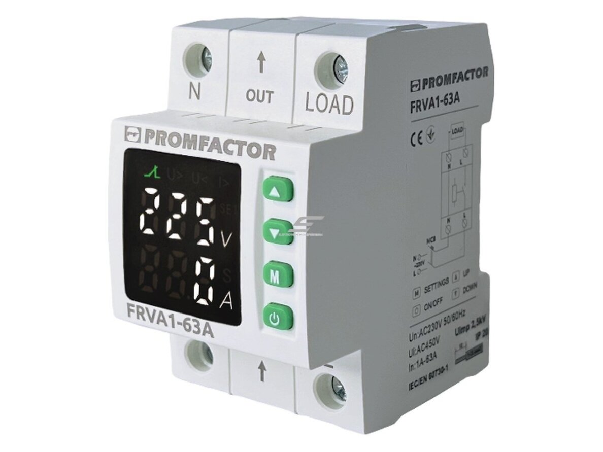 Vienfazė įtampos ir srovės kontrolės relė | 1F | 230 V | 1–63 A | U> 220–280 V | U< 80–210 V | Imax 90 A | DIN | IP20 | Promfactor Baltic | FRVA1-63A Vienfazė įtampos ir srovės kontrolės relė | 1F | 230 V | 1–63 A | U> 220–280 V | U< 80–210 V | Imax 90 A | DIN | IP20 | Promfactor Baltic | FRVA1-63A