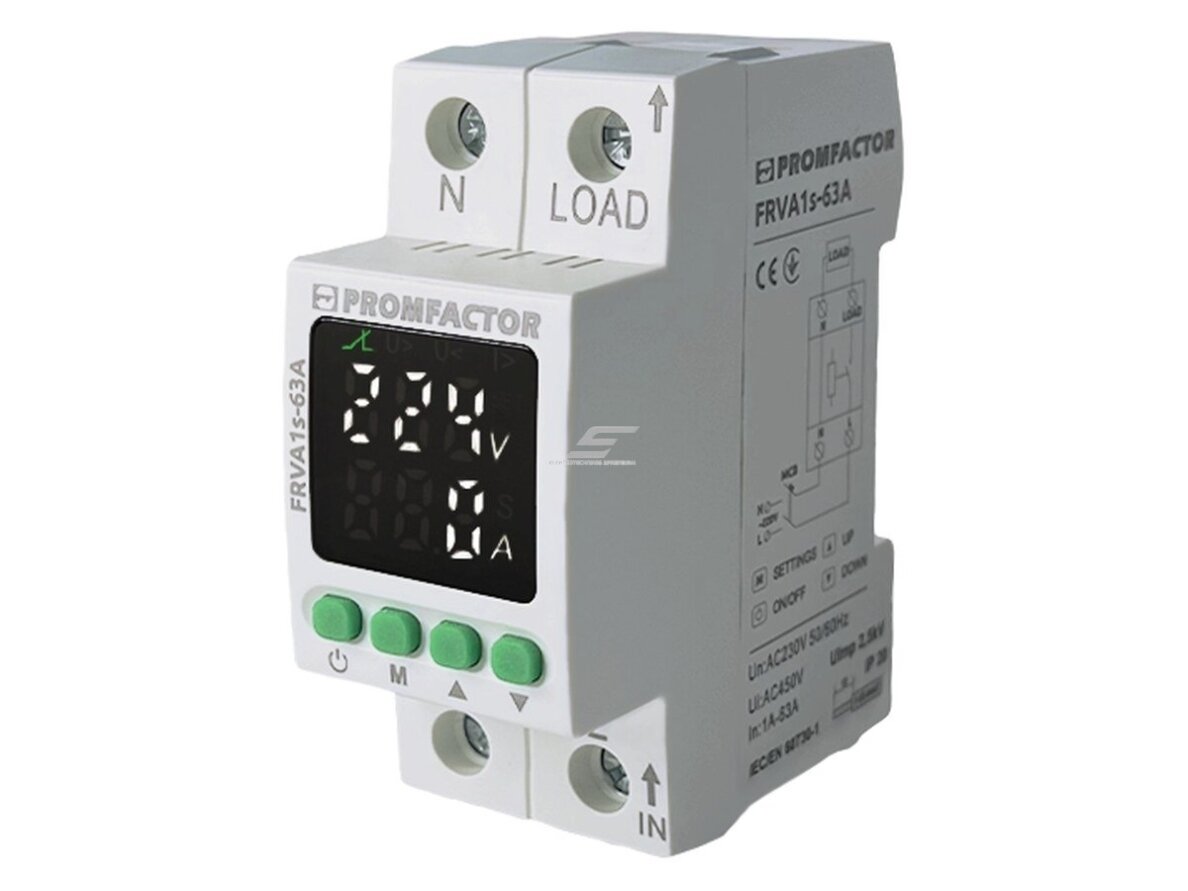 Vienfazė įtampos ir srovės kontrolės relė | 1F | 230 V | 1–63 A | U> 220–300 V | U< 80–210 V | Imax 80 A | DIN | IP20 | Promfactor Baltic | FRVA1S-63A