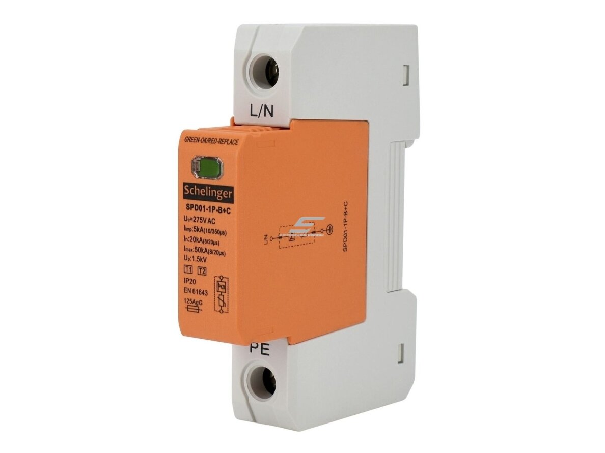 Modulinis viršįtampių ribotuvas | 1P | 5kA (10/350) | T1+T2 (B+C) | IP20 | SCHELINGER | A51-SPD01-1P-B+C | 5900280916631