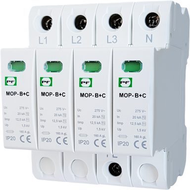 Ogranicznik przepięć T1+T2 (B+C) | 4P | In 20 kA | Imax 40 kA | Uc 275 V | Up < 1,5 kV | Promfactor Baltic MOP4-BC275/20 Ogranicznik przepięć T1+T2 (B+C) | 4P | In 20 kA | Imax 40 kA | Uc 275 V | Up < 1,5 kV | Promfactor Baltic MOP4-BC275/20