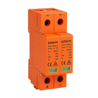 Surge Protection Device (SPD) with switch | 2P | 600V AC | 20kA | T1+T2 class | DIN mounting | for solar systems and electrical distribution boards