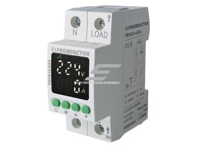 Vienfazė įtampos ir srovės kontrolės relė | 1F | 230 V | 1–63 A | U> 220–300 V | U< 80–210 V | Imax 80 A | DIN | IP20 | Promfactor Baltic | FRVA1S-63A Vienfazė įtampos ir srovės kontrolės relė | 1F | 230 V | 1–63 A | U> 220–300 V | U< 80–210 V | Imax 80 A | DIN | IP20 | Promfactor Baltic | FRVA1S-63A