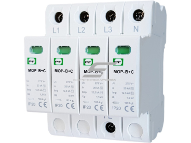 Modulinis viršįtampių ribotuvas | 4P | 20kA | 275V | B+C/T1+T2/I+II | DIN | Promfactor Baltic | MOP4-BC275/20 | 4772151000982 Modulinis viršįtampių ribotuvas | 4P | 20kA | 275V | B+C/T1+T2/I+II | DIN | Promfactor Baltic | MOP4-BC275/20 | 4772151000982