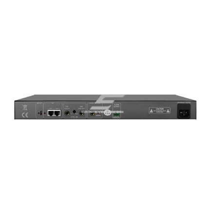 Adapter audio | do podłączania kompatybilnych systemów audio | jednokanałowy | z wyjściem AUX i sterowaniem EMC | smukła konstrukcja 1U | do montażu w szafie 19” 1 Adapter audio | do podłączania kompatybilnych systemów audio | jednokanałowy | z wyjściem AUX i sterowaniem EMC | smukła konstrukcja 1U | do montażu w szafie 19” 1