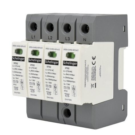 Ogranicznik przepięć T1+T2 (B+C) | 4P | Iimp 8 kA (10/350) | Imax 50 kA | Up ≤ 1,5 kV | IP20 | SCHELINGER A51-SPD02-4P-B+C Ogranicznik przepięć T1+T2 (B+C) | 4P | Iimp 8 kA (10/350) | Imax 50 kA | Up ≤ 1,5 kV | IP20 | SCHELINGER A51-SPD02-4P-B+C