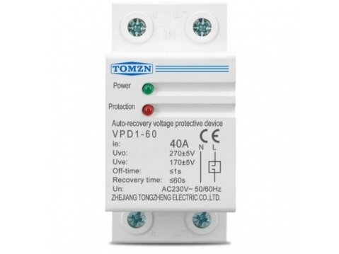 Modulinė įtampos kontrolės relė | 40 A | 230 V | 8,8 kVA | DIN | Tomzn VPD1-60 Modulinė įtampos kontrolės relė | 40 A | 230 V | 8,8 kVA | DIN | Tomzn VPD1-60