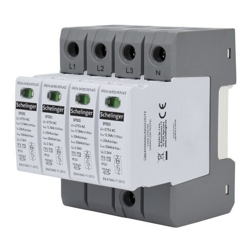 Ogranicznik przepięć T1+T2 (B+C) | 4P | Iimp 12,5 kA (10/350) | Imax 50 kA | Up ≤ 2,0 kV | IP20 | SCHELINGER A51-SPD03-4P-B+C