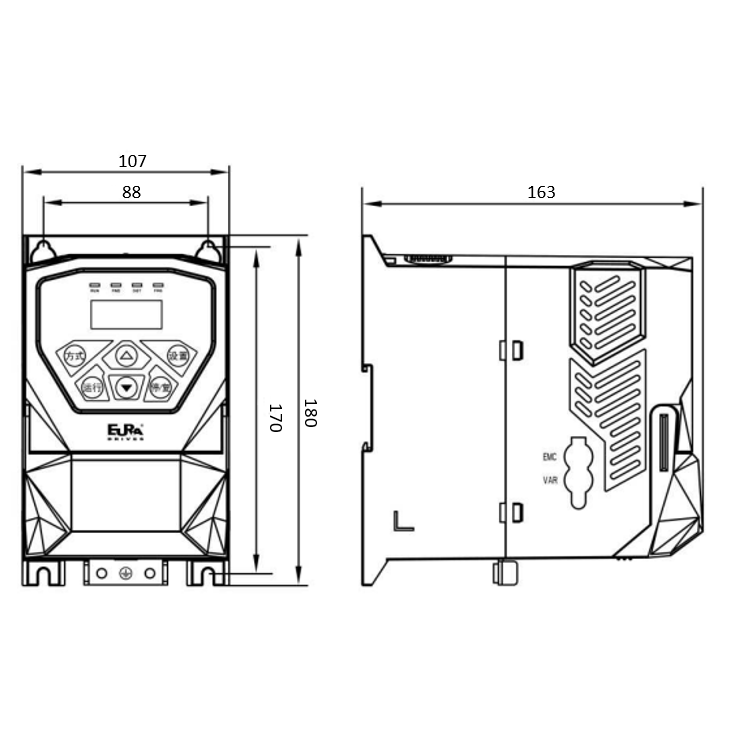 Single-phase frequency inverter 2.2 kW | 10 A | 230 VAC | IP20 | designed for controlling single-phase motors | E600-0022 S2 Eura Drives 2 Single-phase frequency inverter 2.2 kW | 10 A | 230 VAC | IP20 | designed for controlling single-phase motors | E600-0022 S2 Eura Drives 2