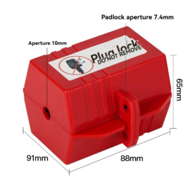 Electrical plug lockout box | LOTO safety device | universal | with padlock fixing | 91x88x65 mm | red Electrical plug lockout box | LOTO safety device | universal | with padlock fixing | 91x88x65 mm | red